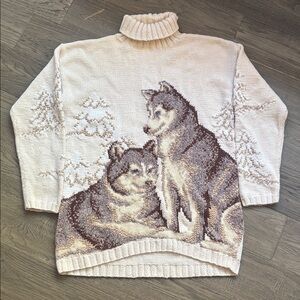 Vintage 90's Cobblestone Canyon All Over Print Wolf Hand Knit Sweater Size Small